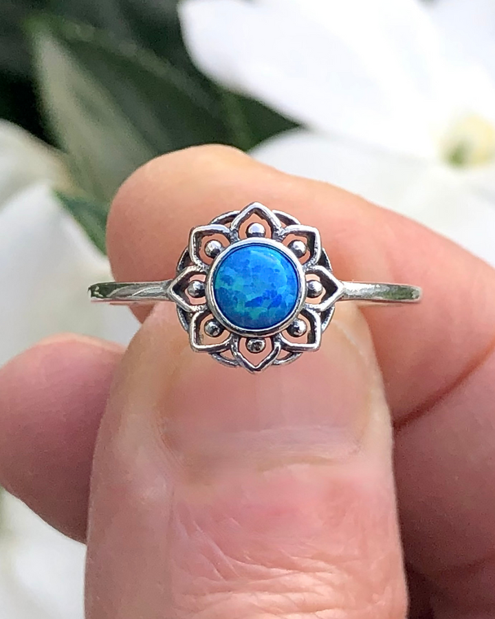 Blue Opal Flower Ring close up