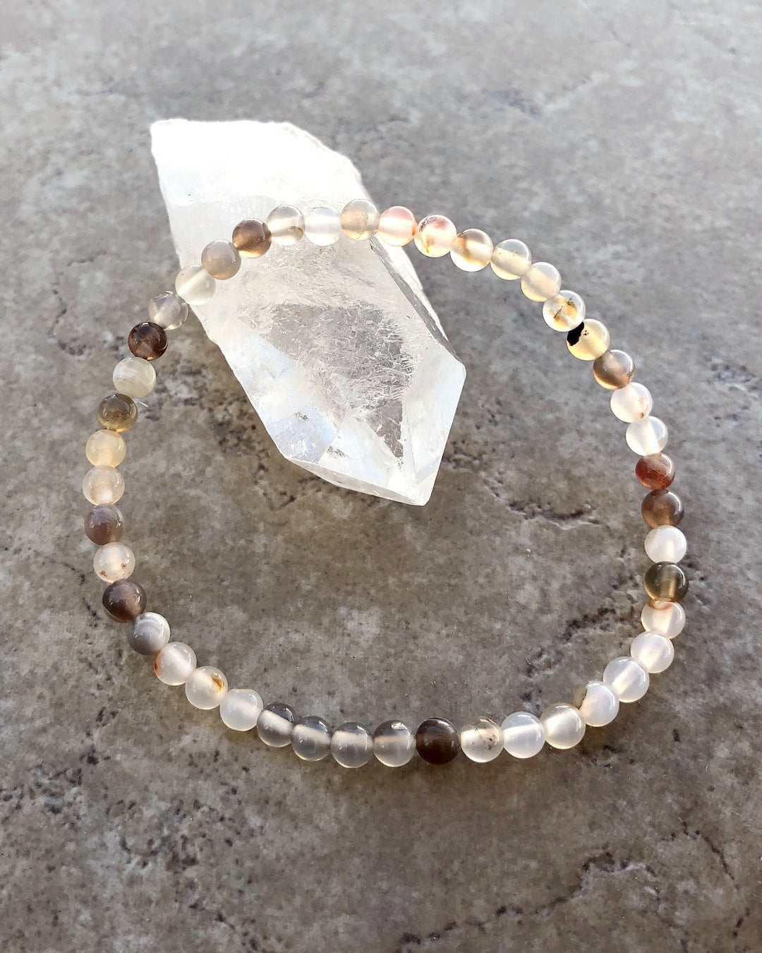 Botswana Agate 4mm Gemstone Bracelet on a Crystal.