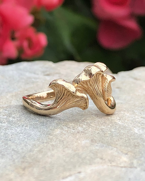 Bronze Chanterelle mushroom ring on a stone with red flowers in background