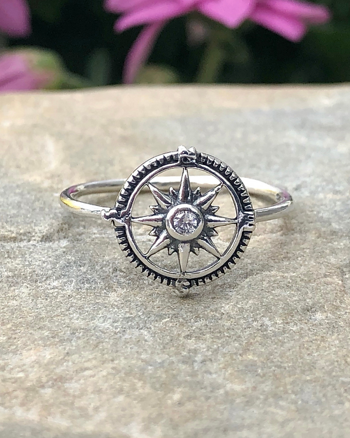 Sterling Silver Compass Ring with CZ