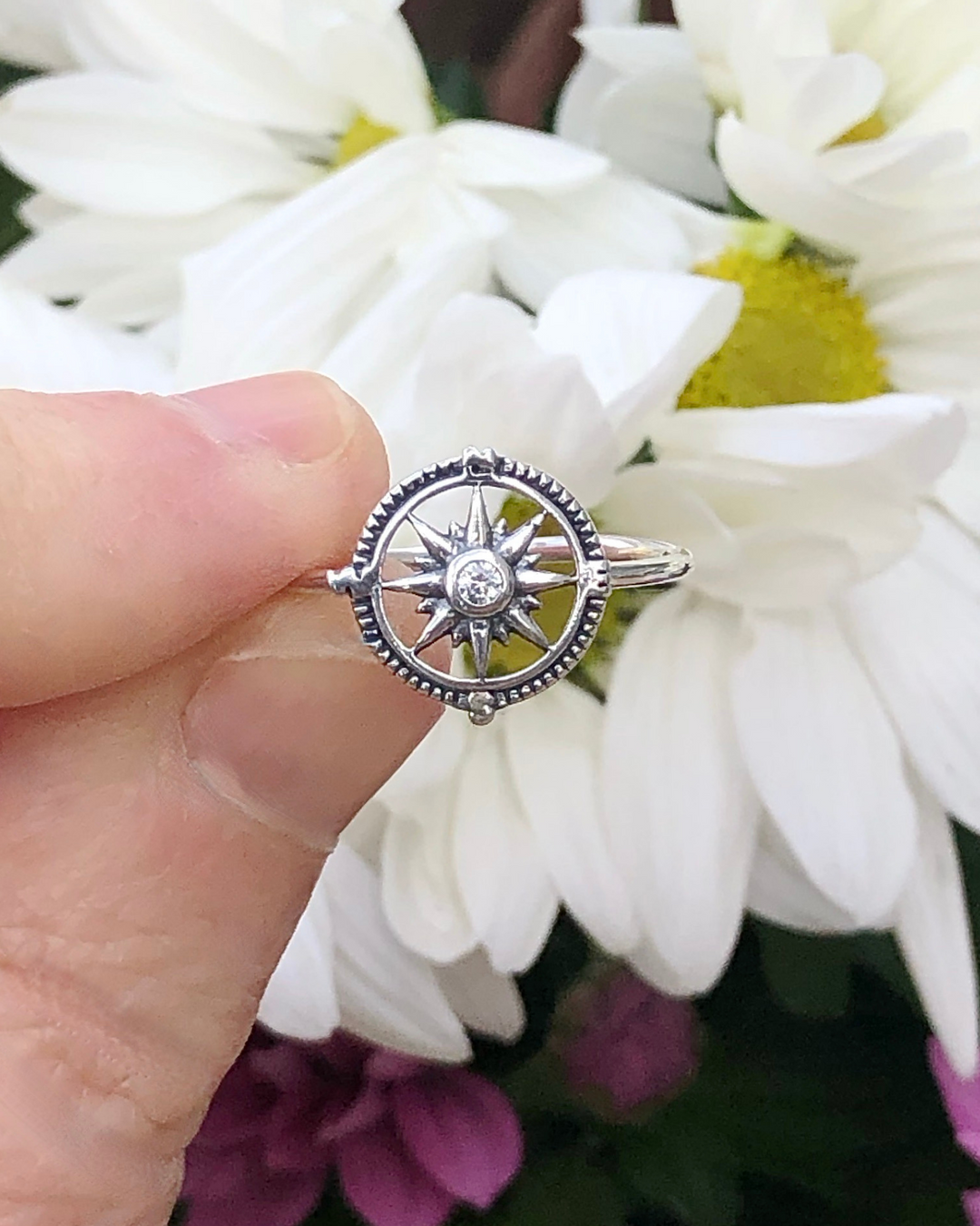 Sterling Silver Compass Ring with CZ