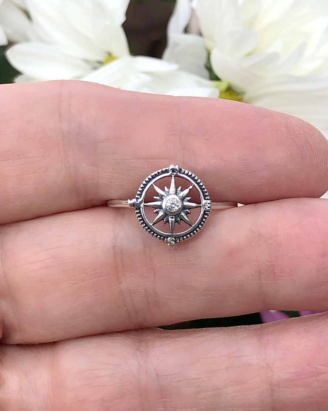 Sterling Silver Compass Ring with CZ