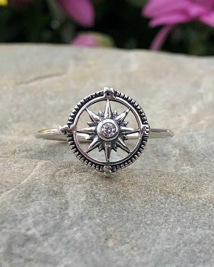 Sterling Silver Compass Ring with CZ