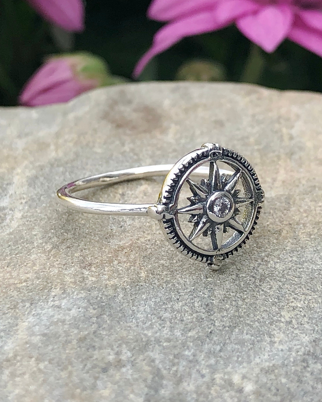 Sterling Silver Compass Ring with CZ