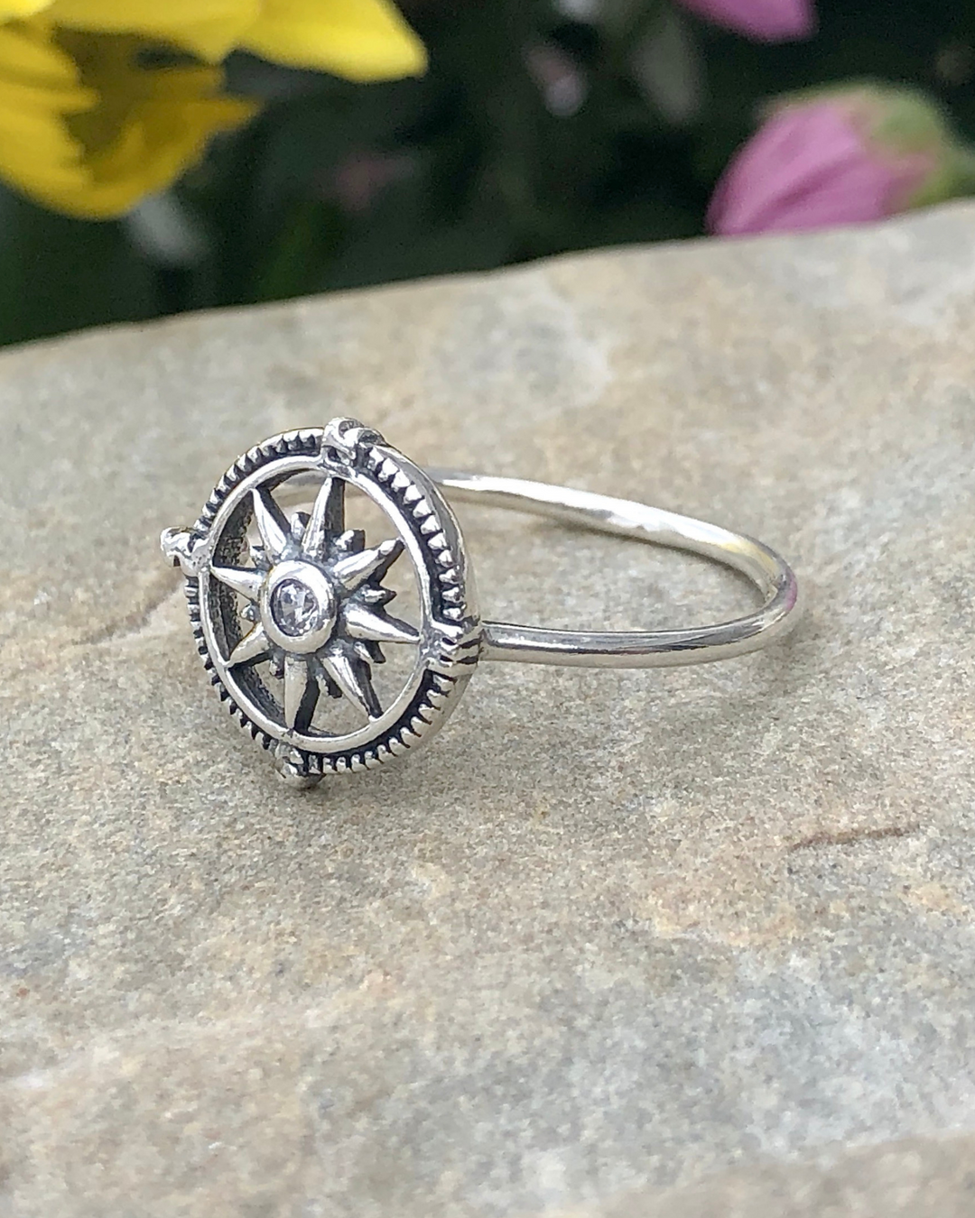 Sterling Silver Compass Ring with CZ