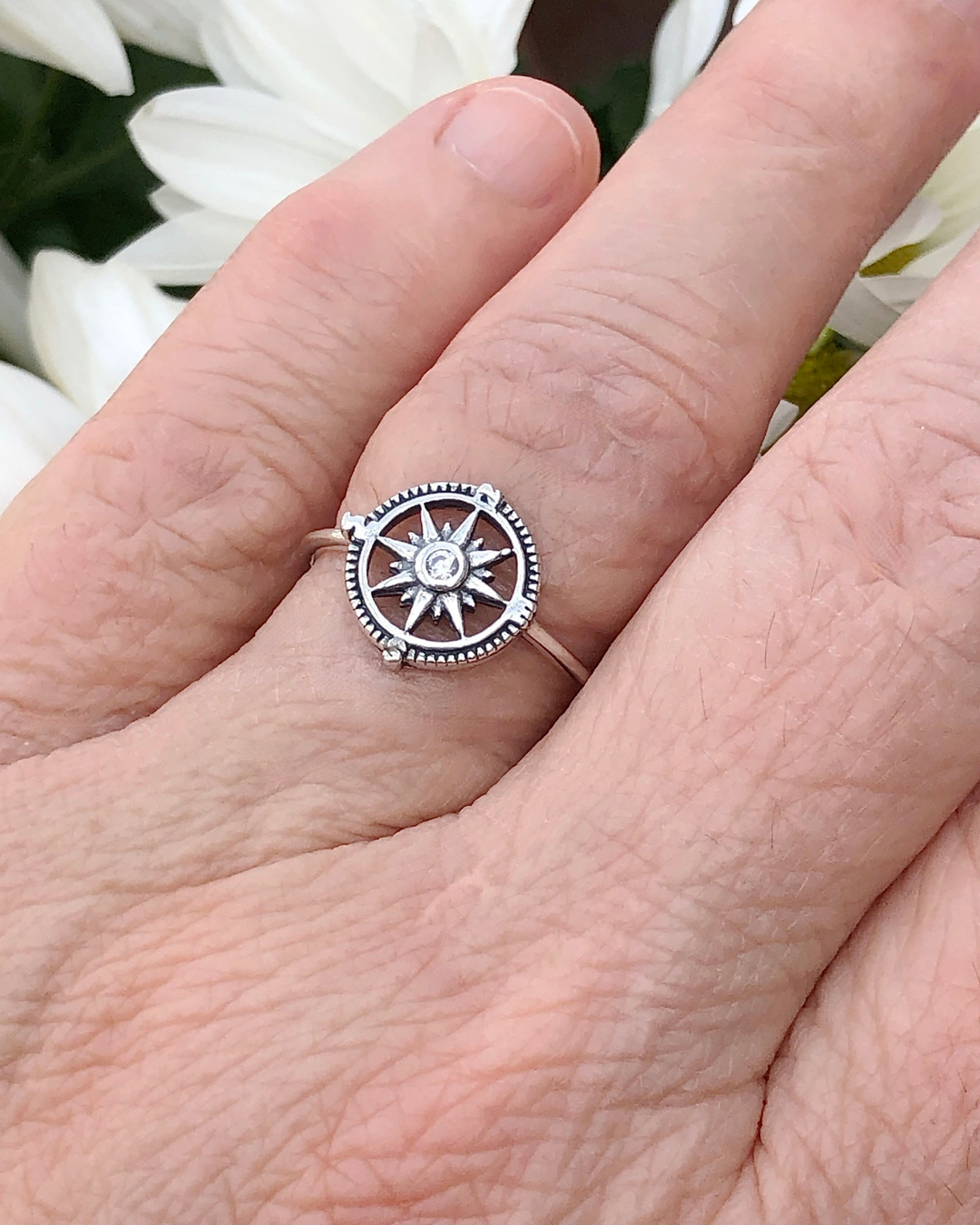 Sterling Silver Compass Ring with CZ