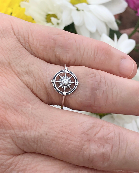 Sterling Silver Compass Ring with CZ