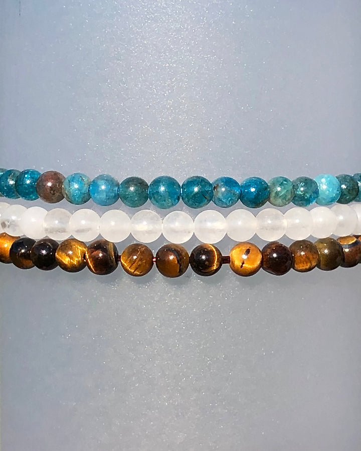 Apatite, Snow Quartz and Tiger Eye stacked beaded bracelets 