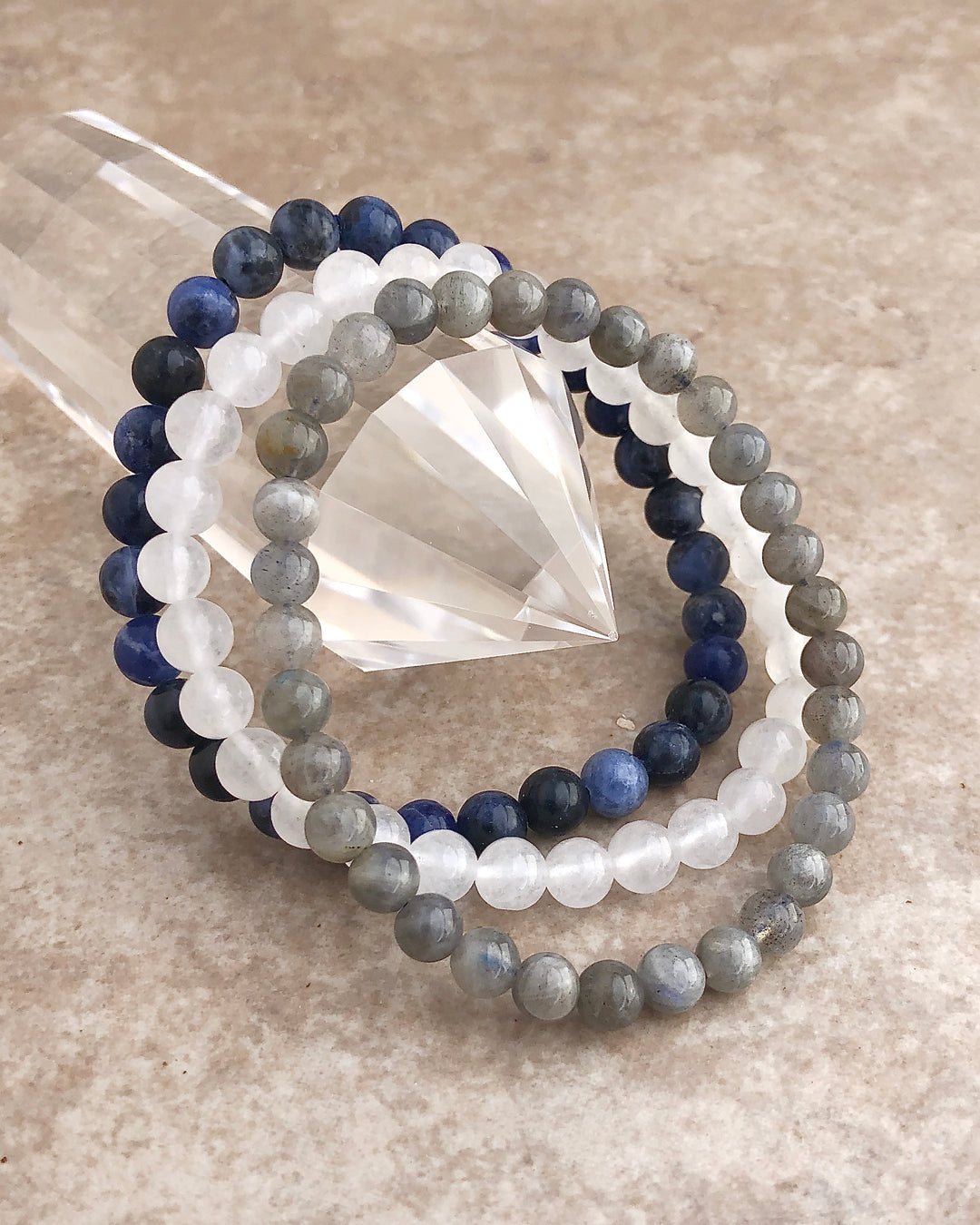 Labradorite, Snow Quartz and Lapis Lazuli 6mm beaded Gemstone Bracelet Set for Divine Intuition