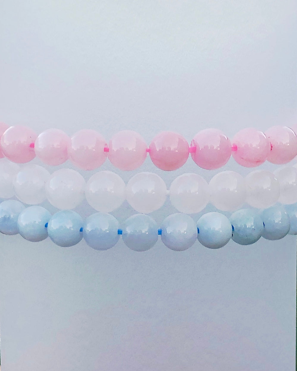 Snow Quartz, Rose Quartz and Aquamarine 6mm Beaded Gemstone Bracelets