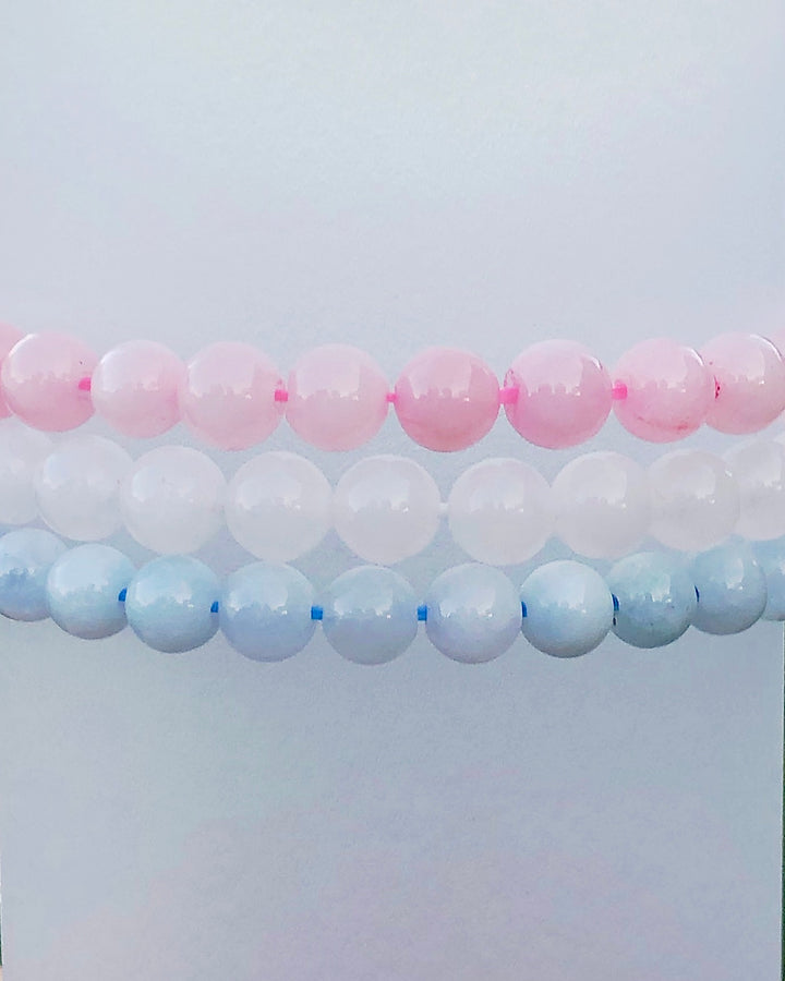 Snow Quartz, Rose Quartz and Aquamarine 6mm Beaded Gemstone Bracelets