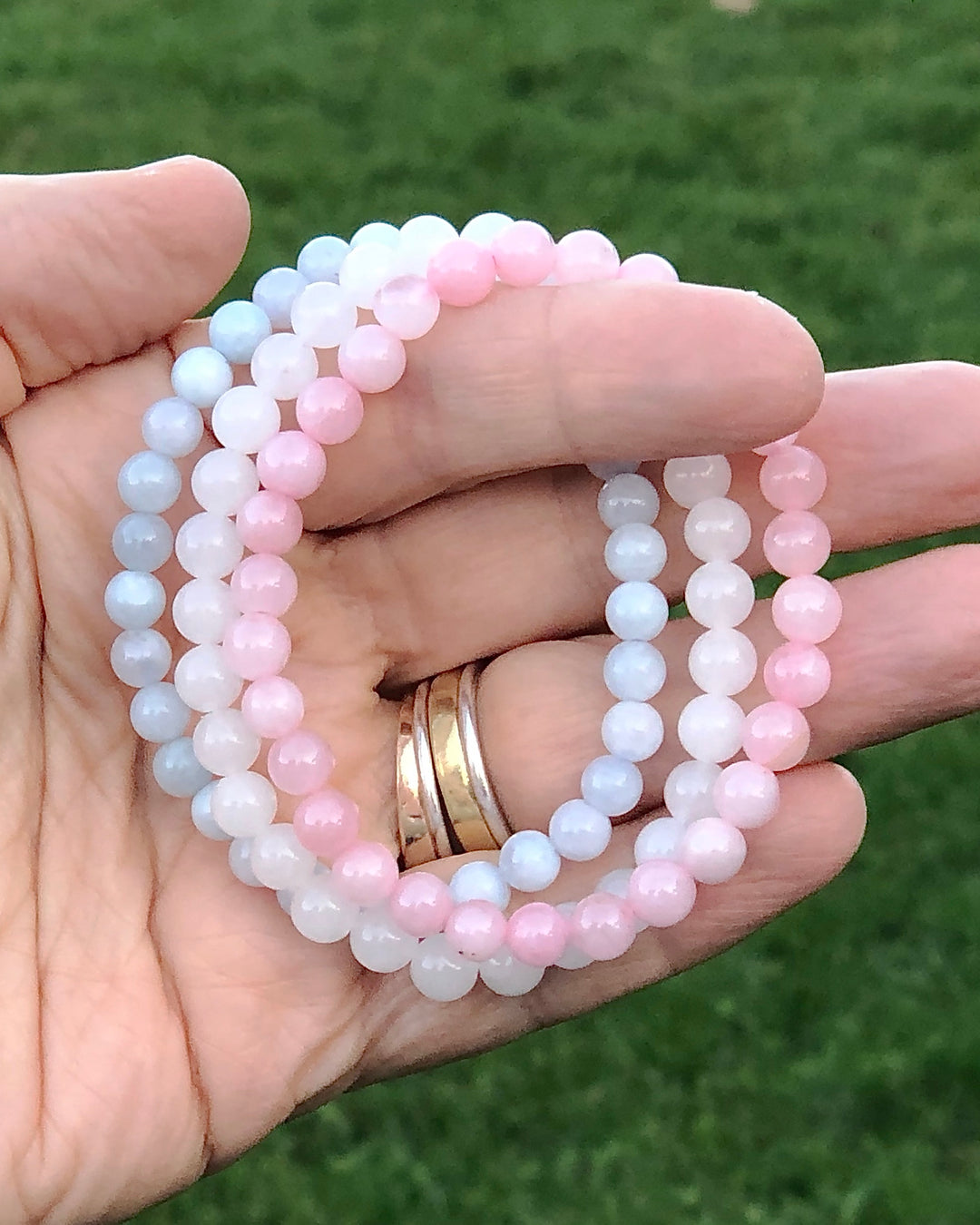 Fertility 6mm Beaded Gemstone Bracelet Set  with Snow Quartz, Rose Quartz and Aquamarine