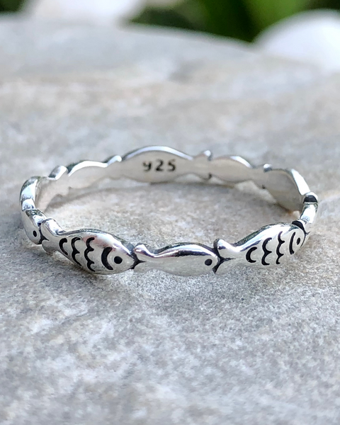 Sterling Silver Fish Ring on Stone