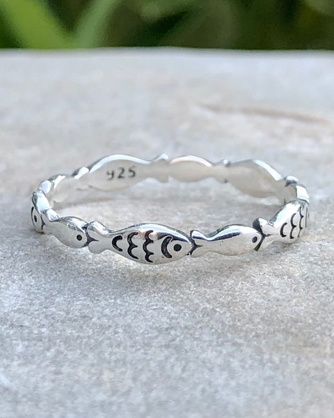 Sterling Silver Fish Ring on Stone closeup