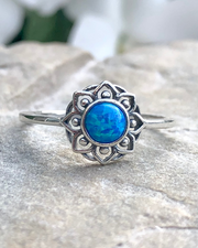 Blue Lab Opal Lotus Flower Mandala Ring