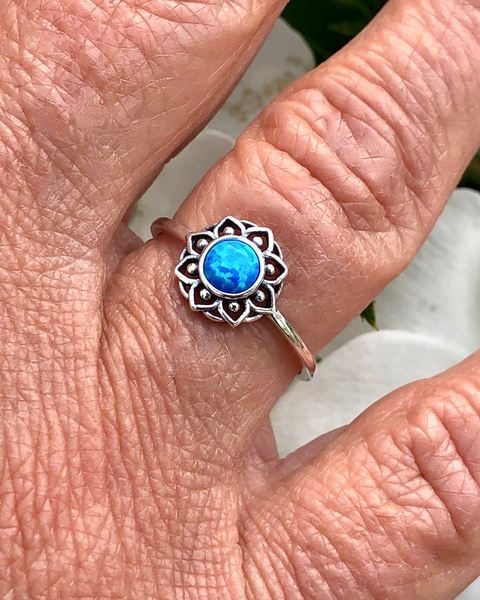 Blue Lab Opal Lotus Flower Mandala Ring