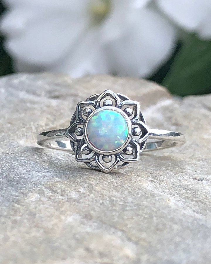 Sterling Silver White Lab Opal Lotus Flower Mandala Ring