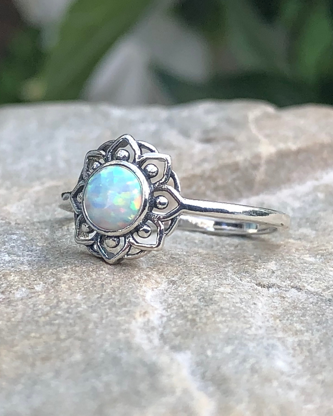 Sterling Silver White Lab Opal Lotus Flower Mandala Ring