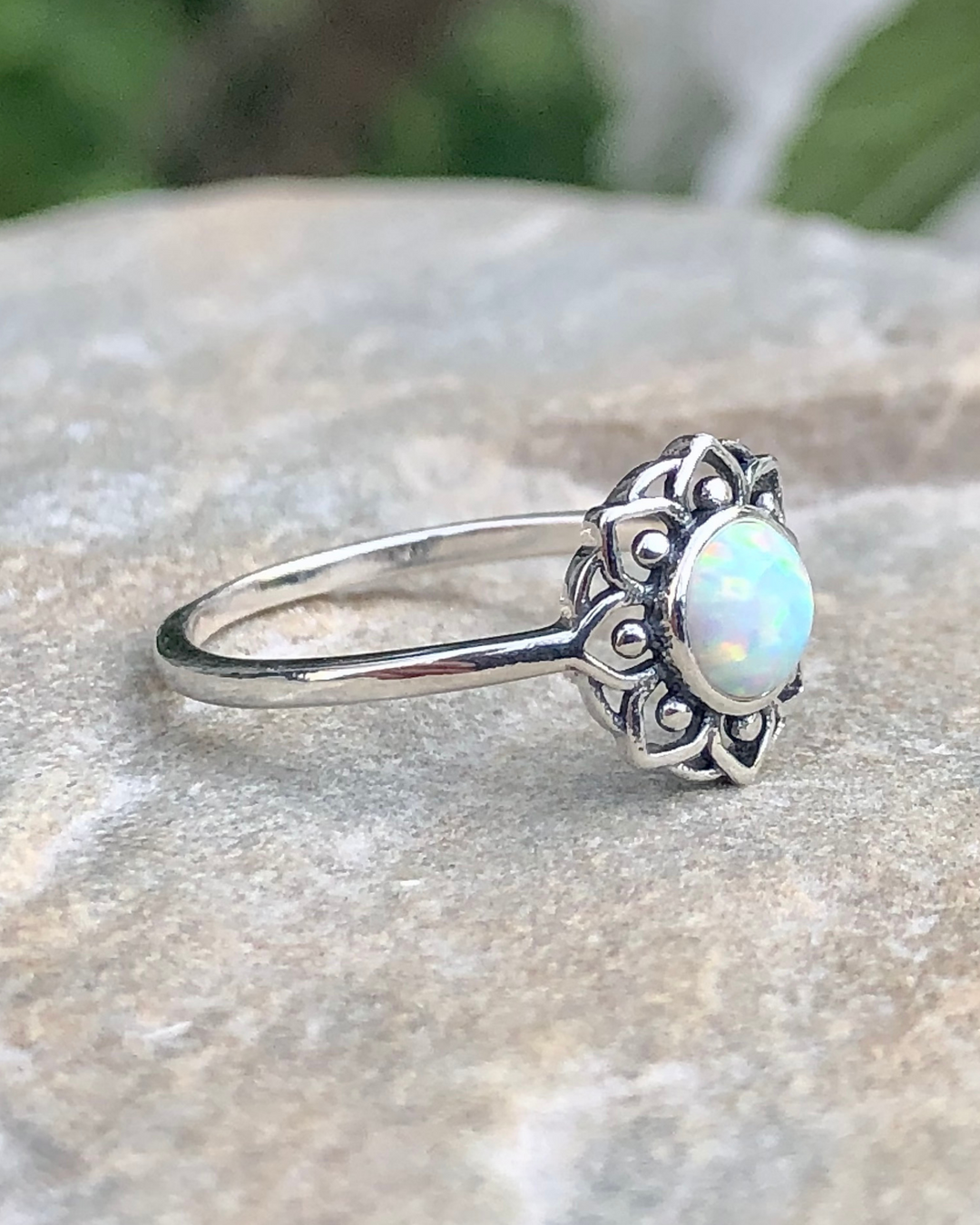 Sterling Silver White Lab Opal Lotus Flower Mandala Ring