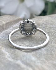 Sterling Silver White Lab Opal Lotus Flower Mandala Ring