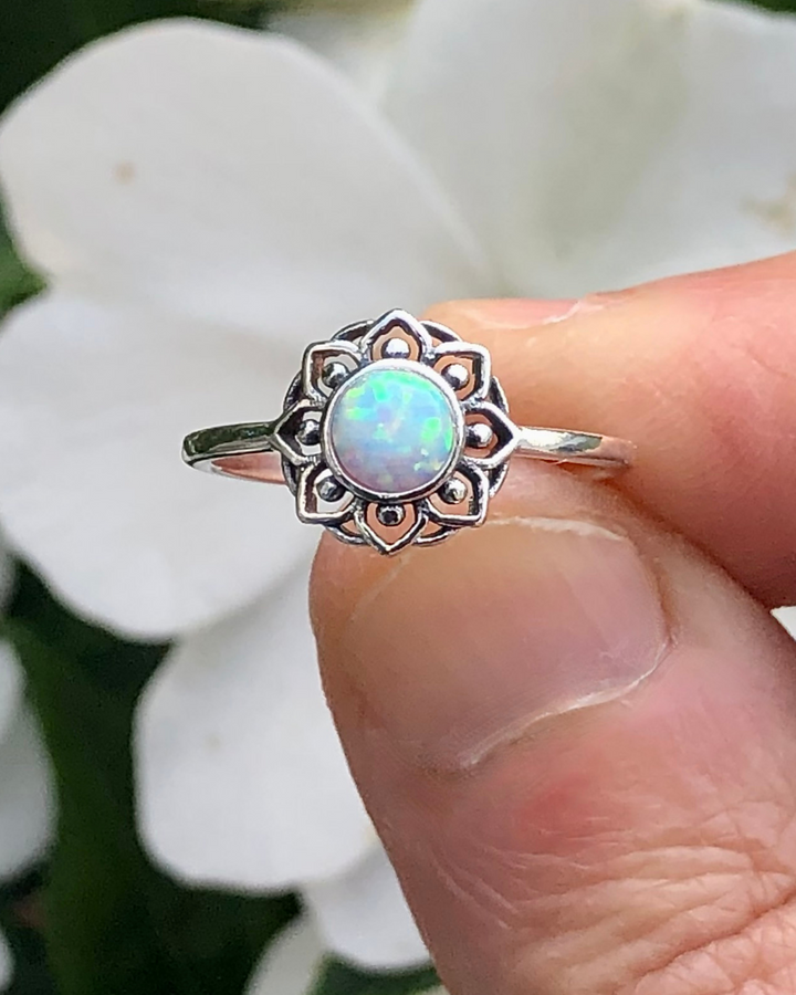 Sterling Silver White Lab Opal Lotus Flower Mandala Ring