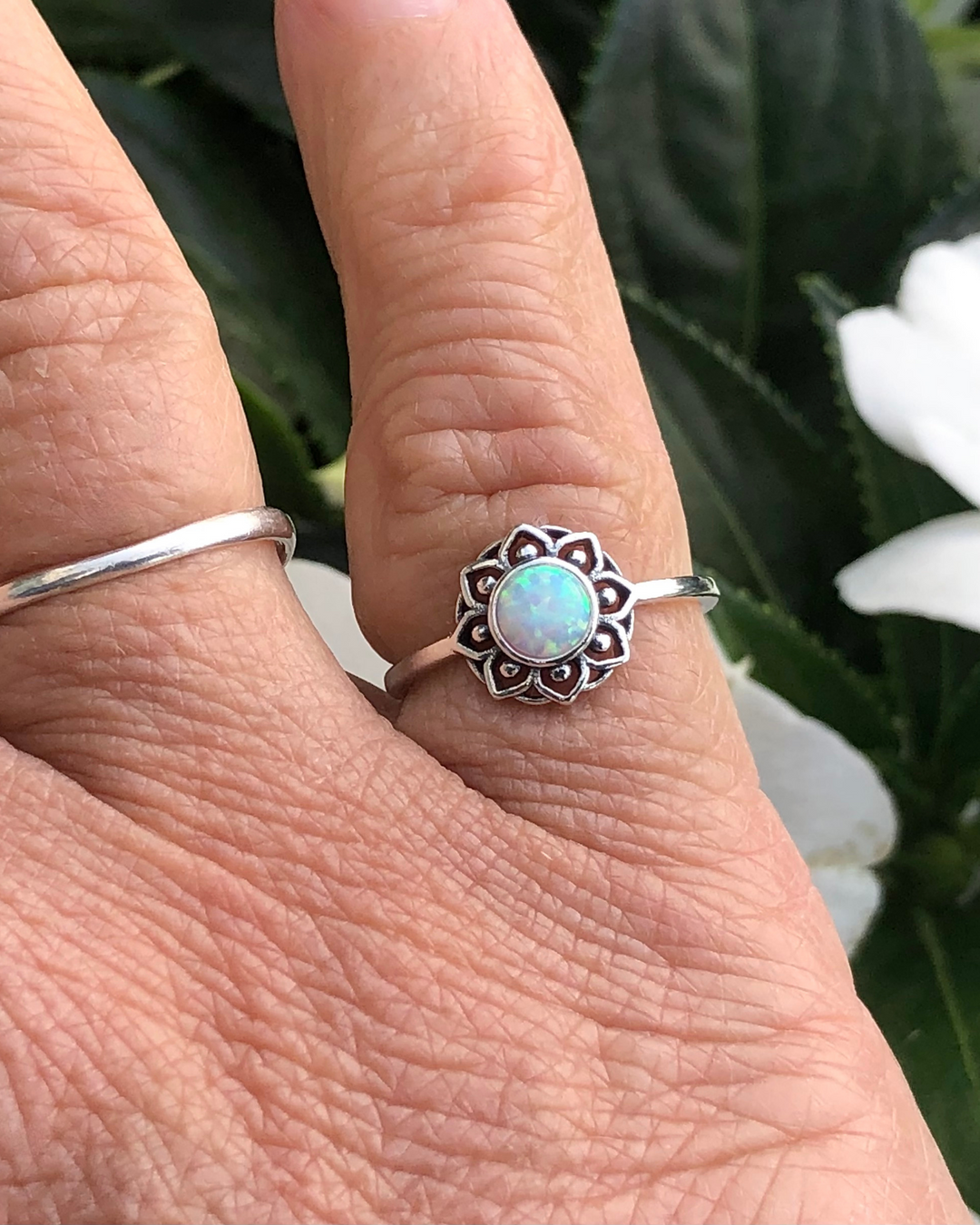 Sterling Silver White Lab Opal Lotus Flower Mandala Ring