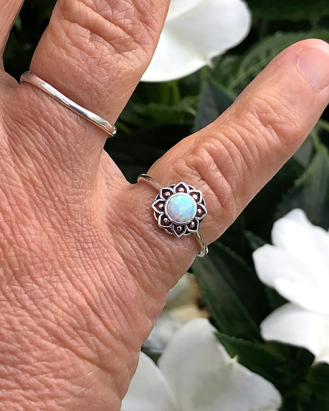 Sterling Silver White Lab Opal Lotus Flower Mandala Ring