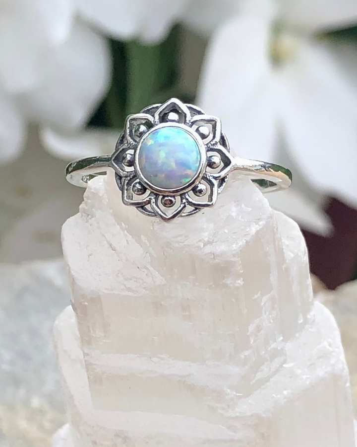 Sterling Silver White Lab Opal Lotus Flower Mandala Ring