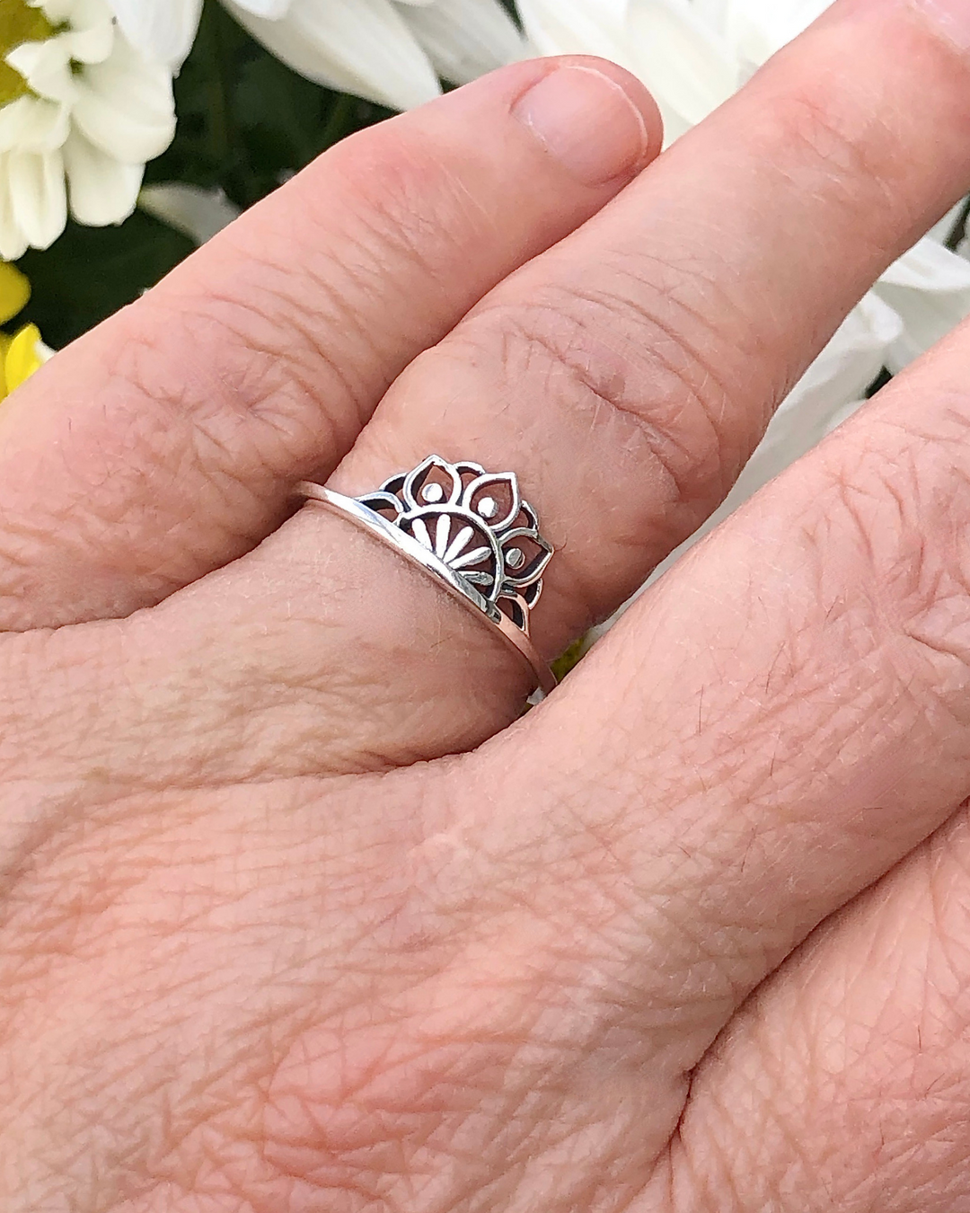 Sterling Silver Half Lotus Mandala Ring