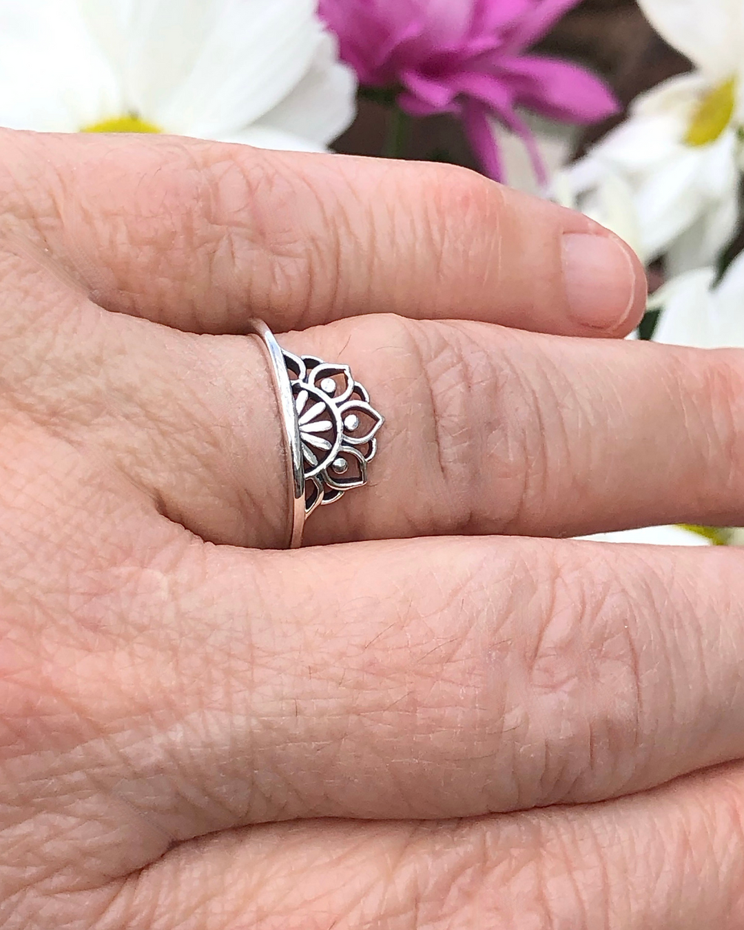 Sterling Silver Half Lotus Mandala Ring