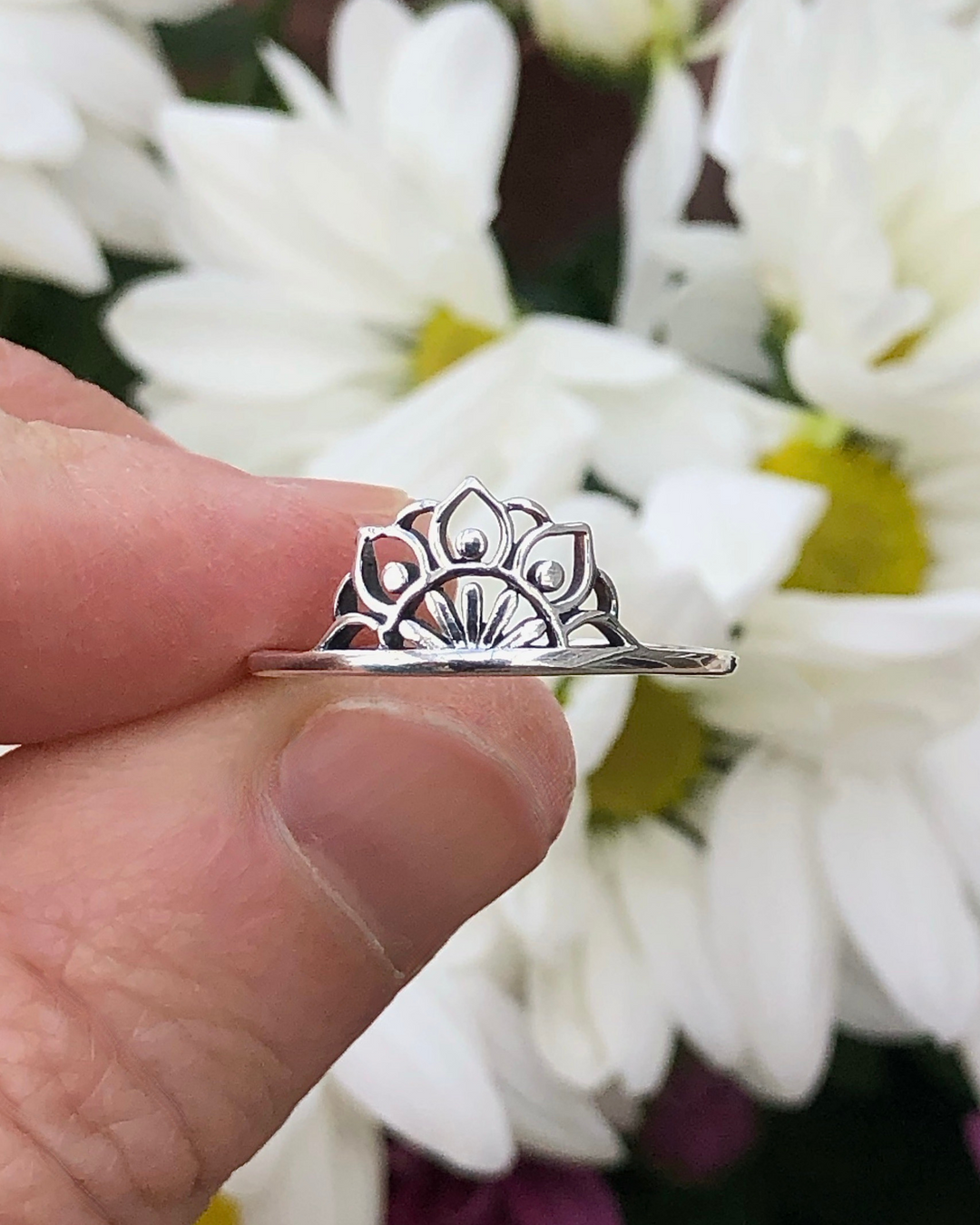 Sterling Silver Half Lotus Mandala Ring