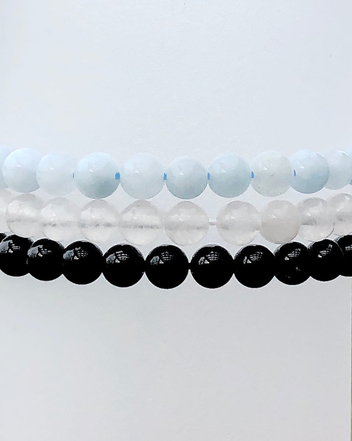 Aquamarine, Snow Quartz and Black Agate6mm beaded Gemstone Bracelet Set for Healing and Renewal