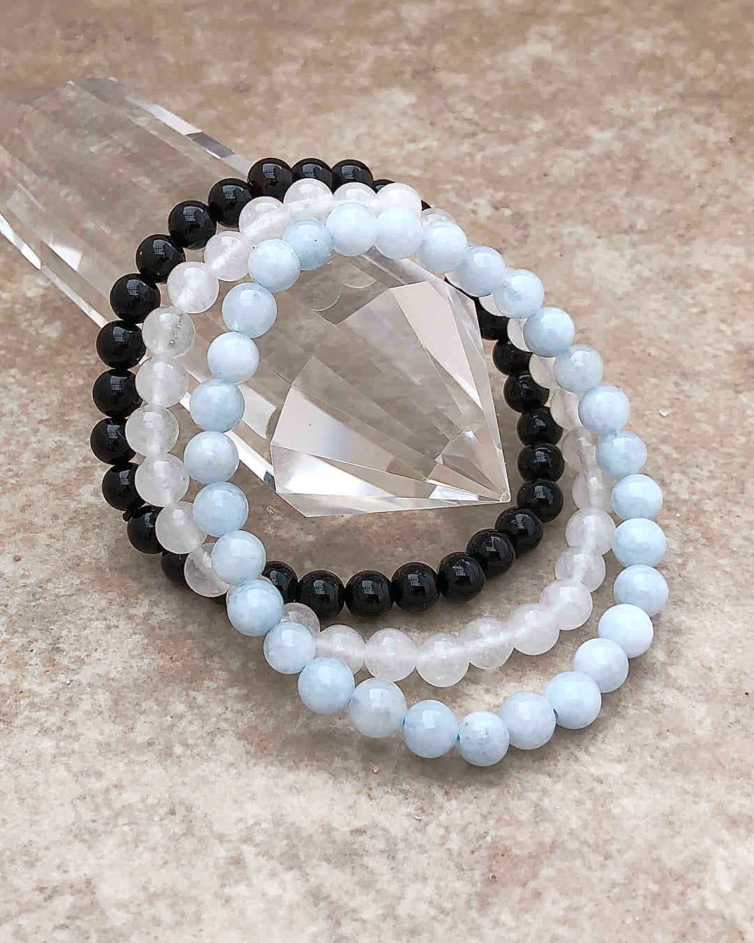 Aquamarine, Snow Quartz and Black Agate6mm beaded Gemstone Bracelet Set for Healing and Renewal on a crystal