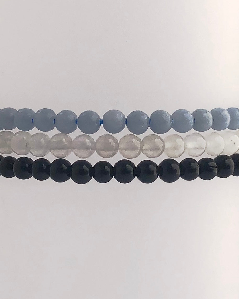 Aquamarine, Snow Quartz and Black Agate 4mm beaded bracelets 