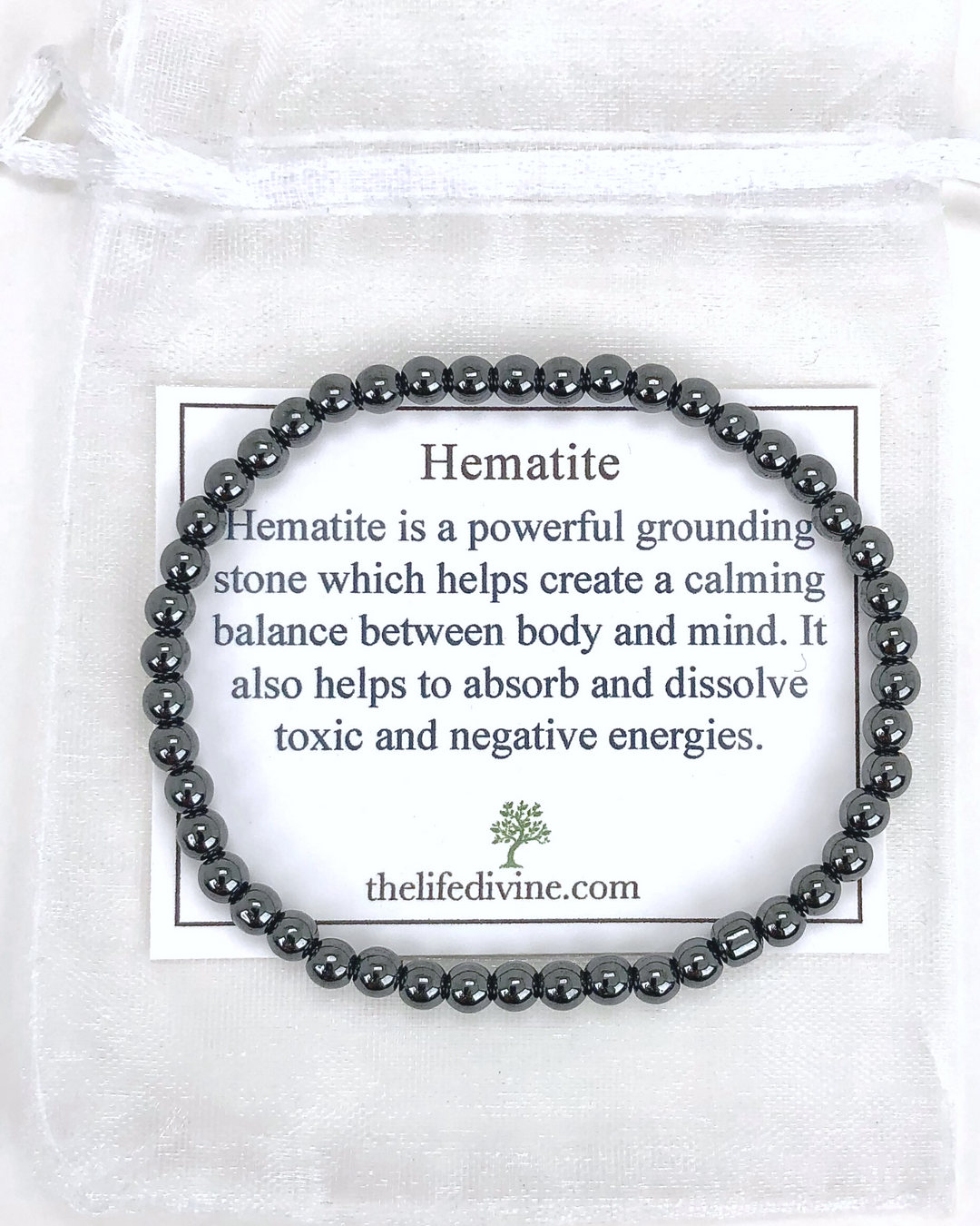 Hematite 4mm Beaded Gemstone Bracelet with a description card