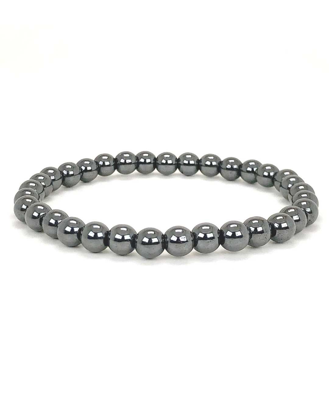 Hematite 6mm Beaded Gemstone Bracelet on a white background.