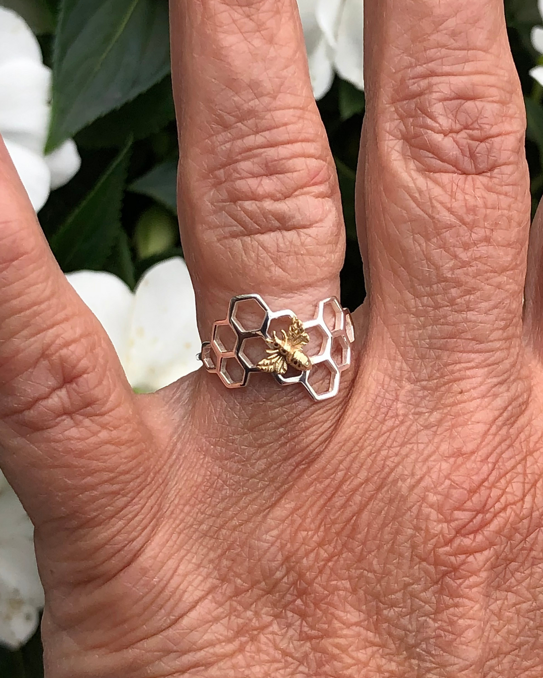 Honeycomb Bee Ring on finger