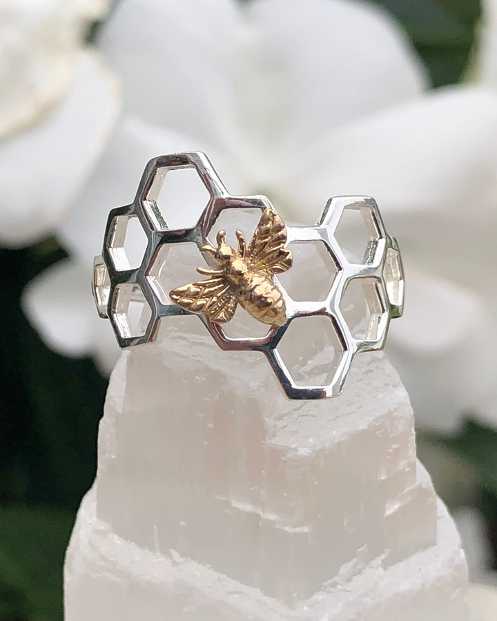 Honeycomb Bee Ring on selenite stone