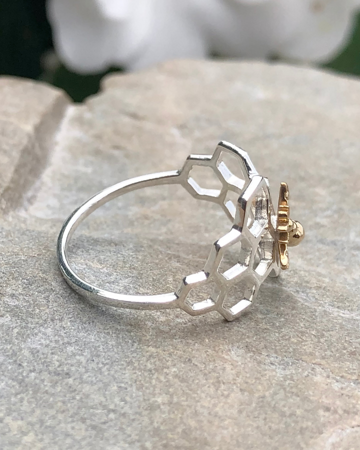 Honeycomb Bee Ring on stone side view