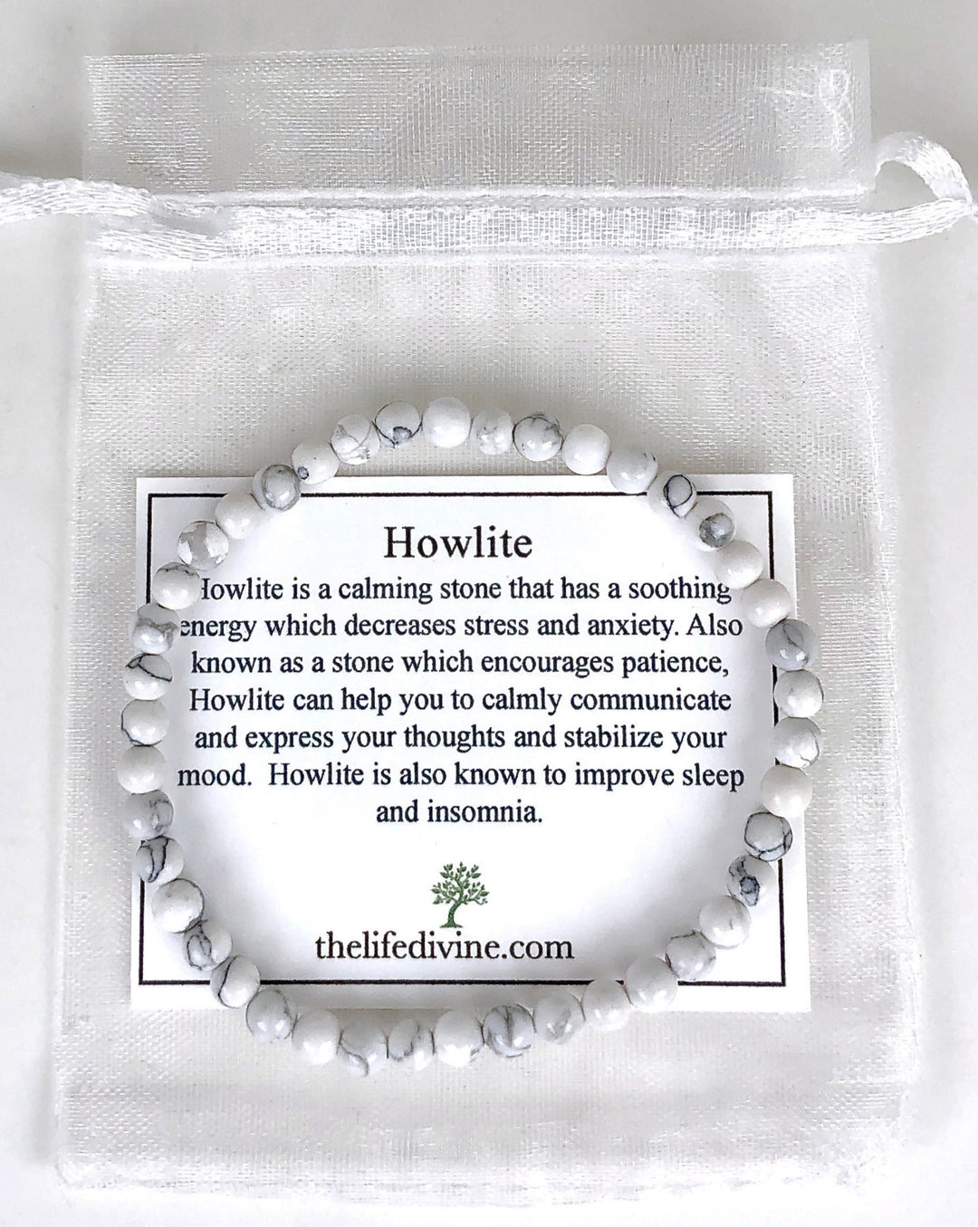 Howlite 4mm Beaded Gemstone Bracelet with a description card