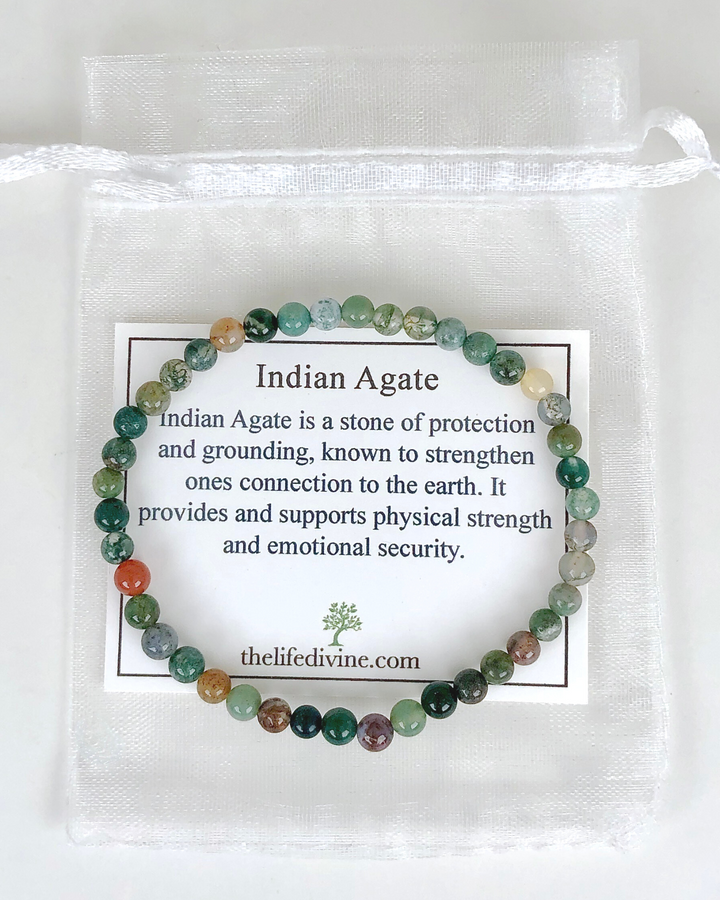 Indian Agate 4mm Beaded Gemstone Bracelet with a description card