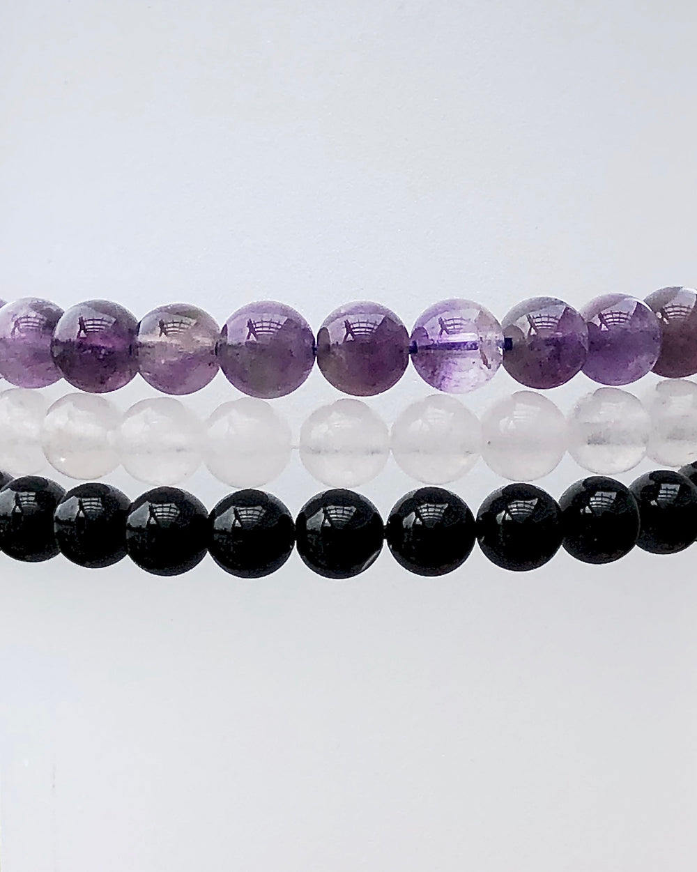 Amethyst, Snow Quartz and Black Agate 6mm Beaded Gemstone Bracelets