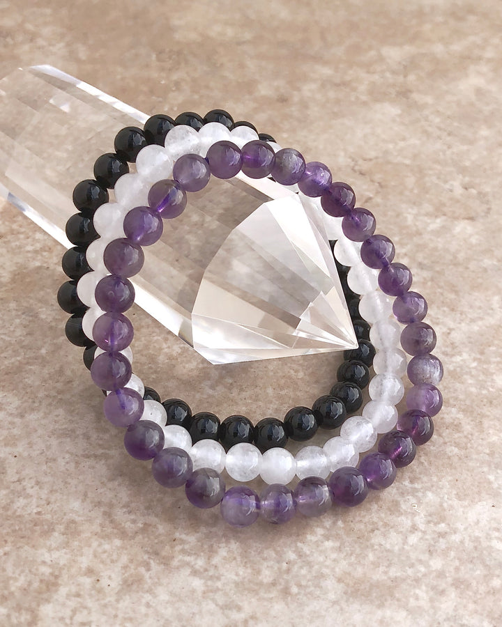 Amethyst, Snow Quartz and Black Agate 6mm Beaded Gemstone Bracelet Set for Inner Peace.