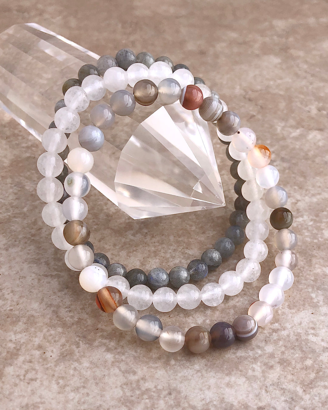 Botswana Agate, Snow Quartz and Labradorite Gemstone Bracelet Set for Inner Strength