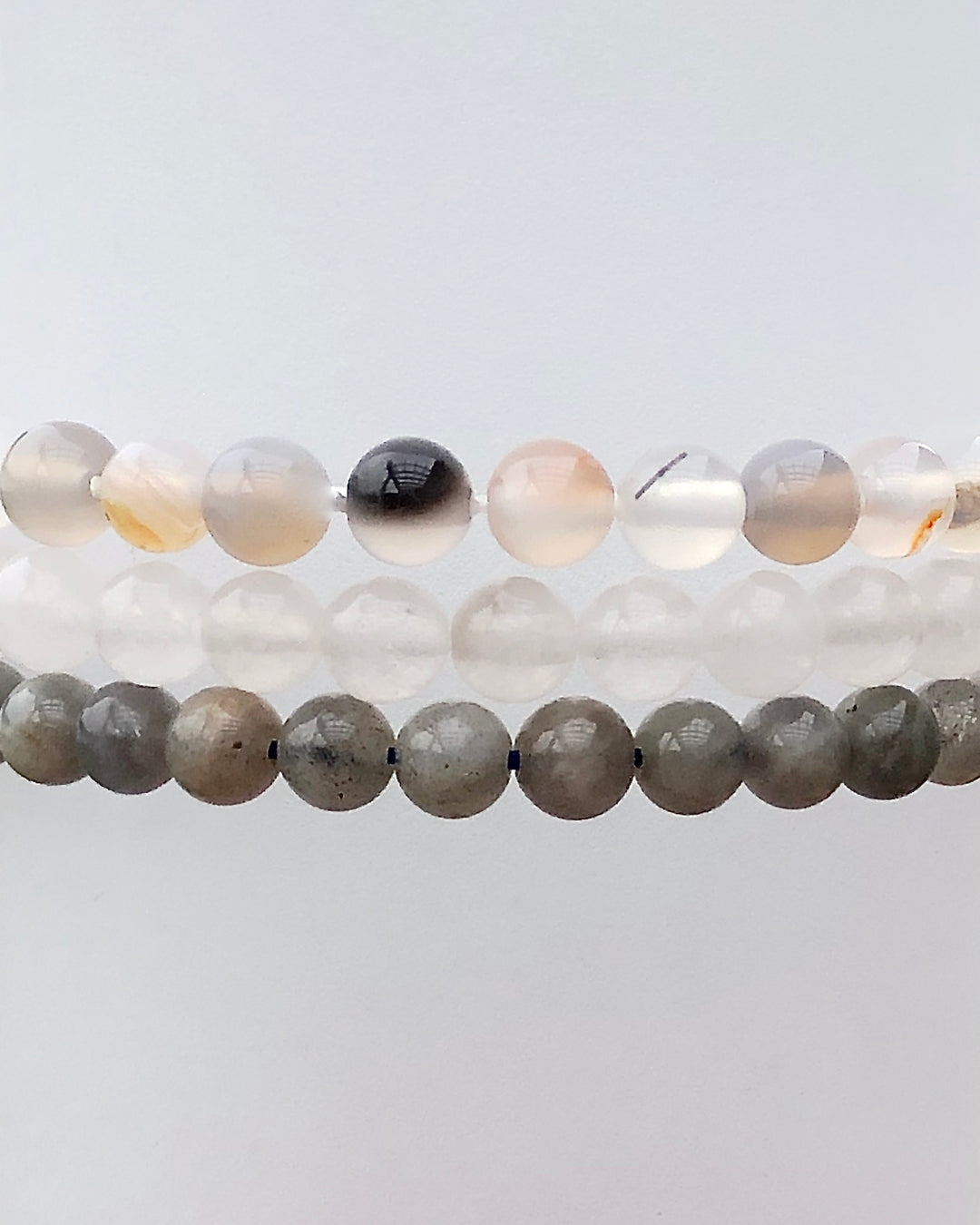 Botswana Agate, Snow Quartz and Labradorite Gemstone Bracelet Set