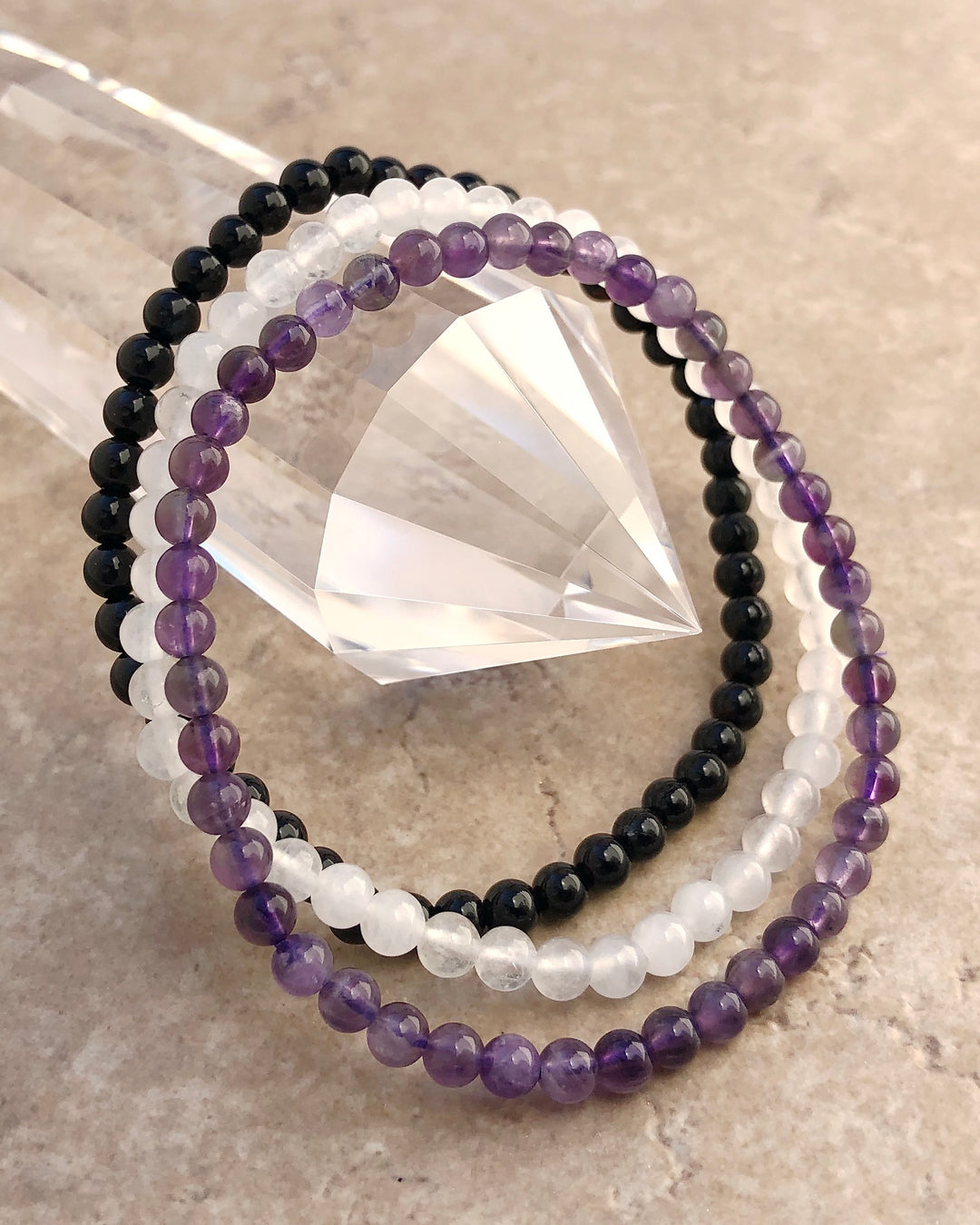 Inner Peace 4mm Beaded Gemstone Bracelet Set with Amethyst, Snow Quartz and Black Agate