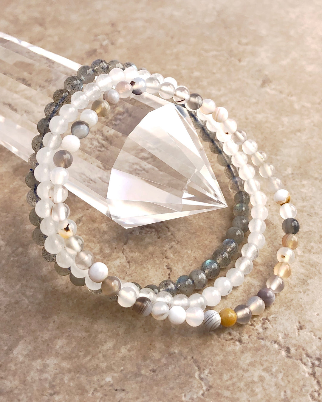 Inner Strength 4mm Beaded Gemstone Bracelet Set with Botswana Agate, Snow Quartz and Labradorite on a crystal