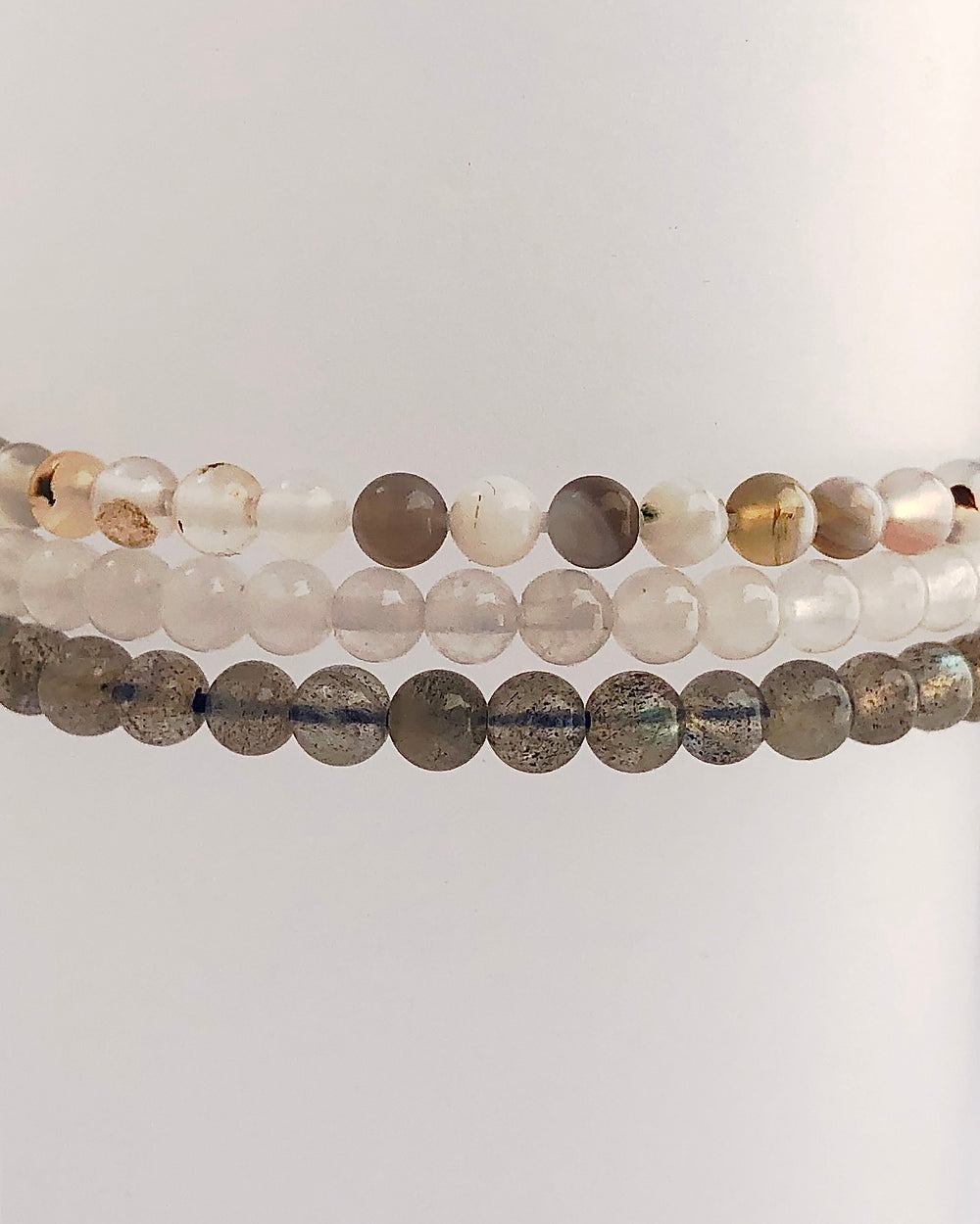 Botswana Agate, Snow Quartz and Labradorite stacked 4mm gemstone bracelets