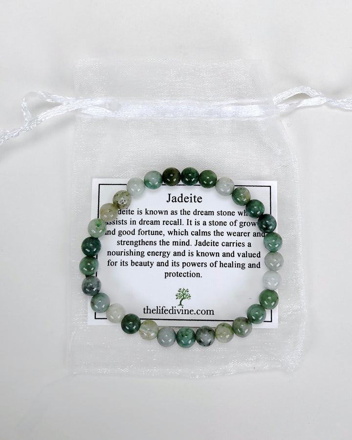 Jadeite 6mm Beaded Gemstone Bracelet with a description card