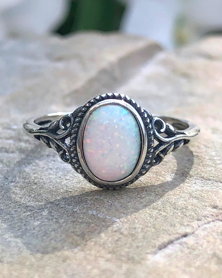 Sterling Silver Oval White Lab Opal Ring